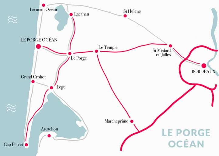 Carte pour aller au Porge Océan en Gironde, France