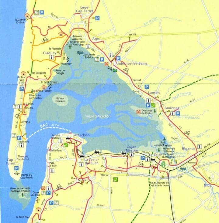 Carte itinéraire à vélo sur le Bassin d’Arcachon