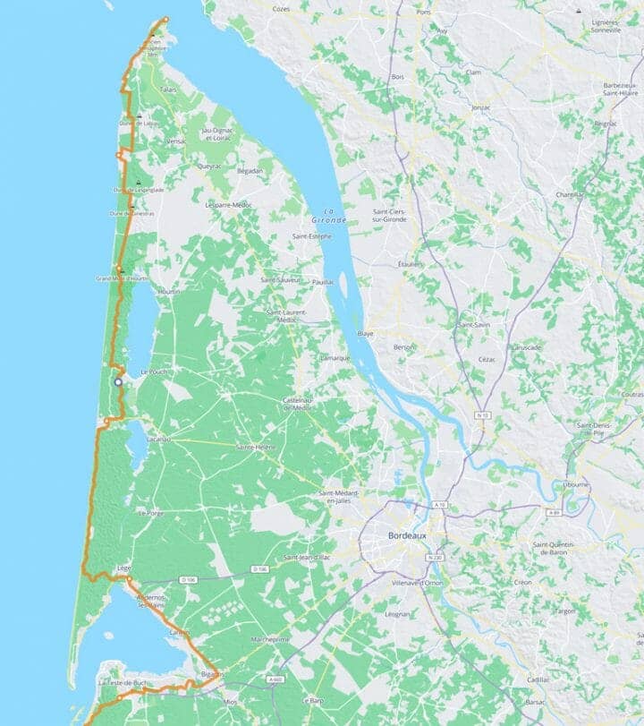 Carte itinéraire à vélo de la vélodyssée en Gironde de la pointe de grave au bassin d’Arcachon